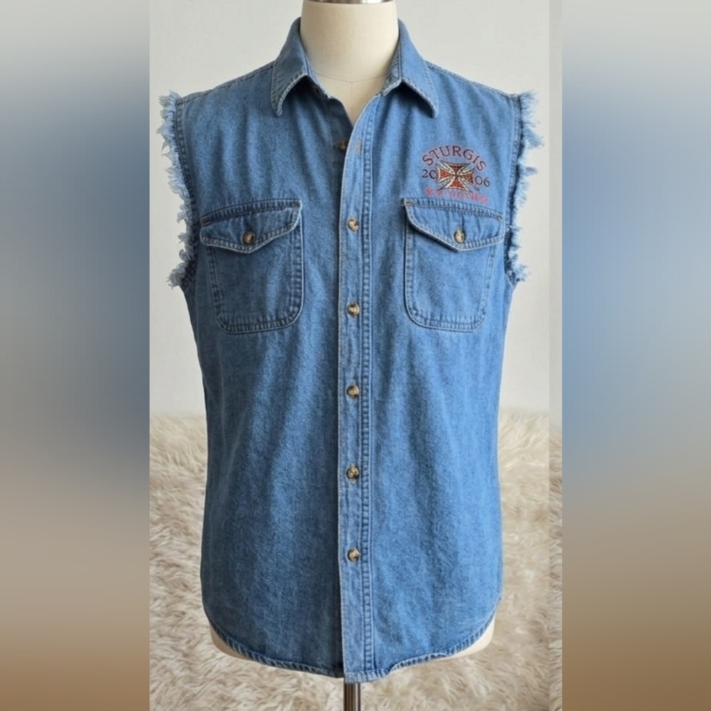Sturgis Bike Week 2006 Blue Denim Sleeveless Button-Down Shirt Back Graphic - Picture 3 of 7